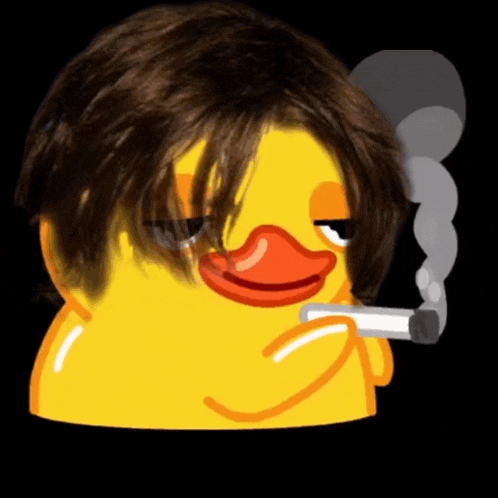 a yellow rubber duck with a wig on smoking a cigarette