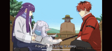 a man in a red jacket says forget it i 'm going to sleep in a pixel art anime scene