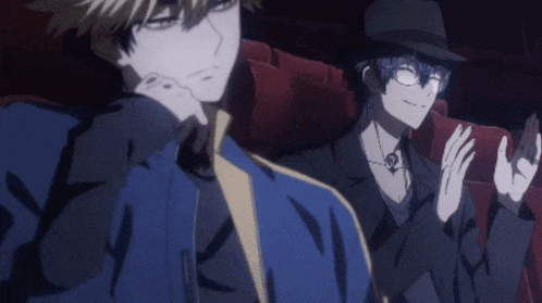 two anime characters are standing next to each other in a dark room