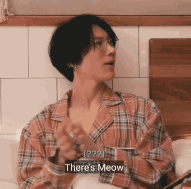 a man in a plaid shirt is sitting on a bed and says there 's meow