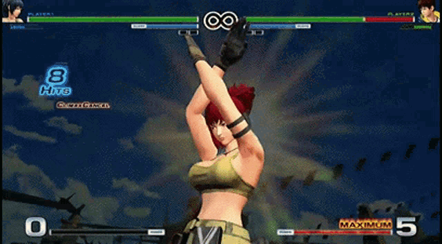 a video game screen shows a woman holding a gun and the number 8 on it