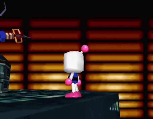 a video game character is standing in front of a wall of lights