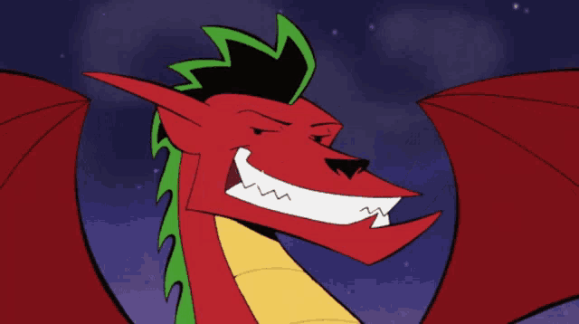 a cartoon of a red dragon with green hair and yellow arms