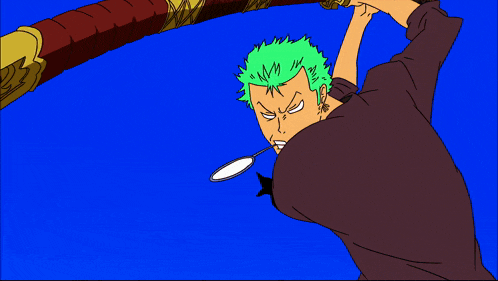 a cartoon of a man with green hair and a sword