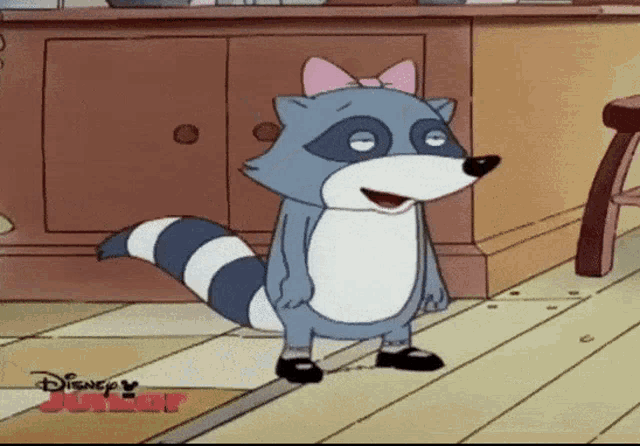 a cartoon of a raccoon with a pink bow on its head is from disney junior