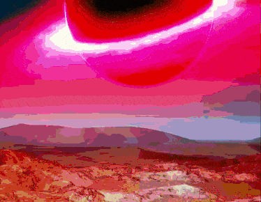 a painting of a landscape with a red circle in the sky