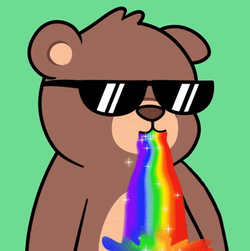 a cartoon bear wearing sunglasses is spitting a rainbow