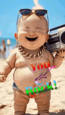 a baby is wearing sunglasses and a chain around his neck while holding a radio .