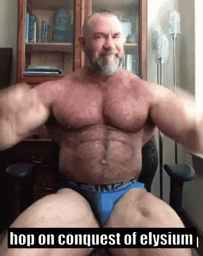a man in blue underwear with the words hop on conquest of elysium