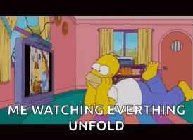 homer simpson is laying on his stomach in front of a television and says `` me watching everything unfold '' .