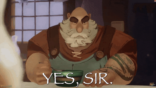 a cartoon of a man holding a bowl with the words yes sir on it