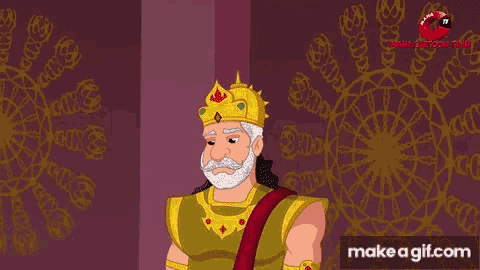 a cartoon of a king sitting on a throne surrounded by soldiers and a fire .
