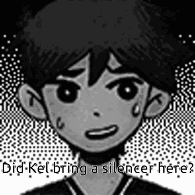 a black and white drawing of a boy with the words `` did kel bring a silencer here ''