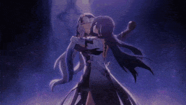a couple of anime characters dancing together in a dark room