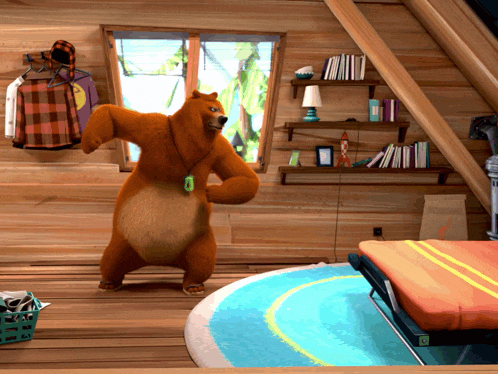 a cartoon bear is standing in a room with clothes hanging on the walls