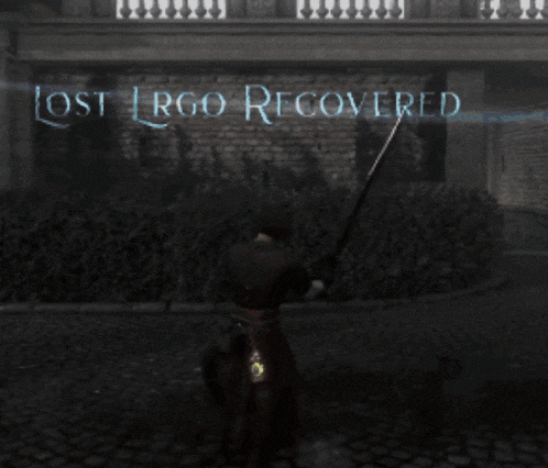 a video game character is holding a sword in front of a building that says lost argo recovered
