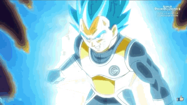 a cartoon character with blue hair and a thumbs up