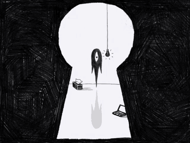 a black and white drawing of a keyhole with a ghost and a light bulb hanging from it