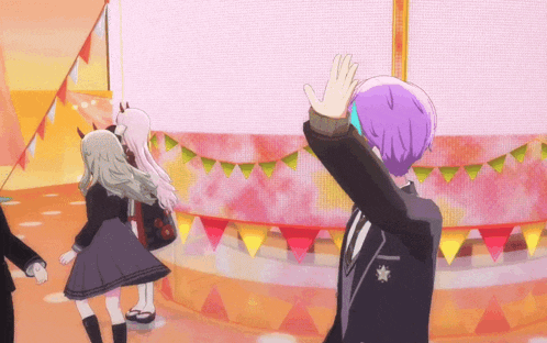 a boy with purple hair is standing in front of a cake