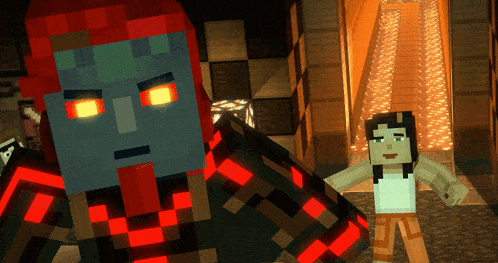 two minecraft characters are standing next to each other and one has red eyes