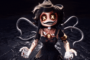 a cartoon character with x 's on her eyes and a yellow band around her waist