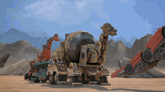 a cartoon scene with a cement mixer that looks like a dinosaur