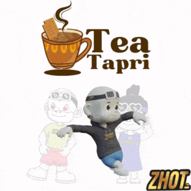 a cartoon character is standing next to a cup of tea that says tea tapi