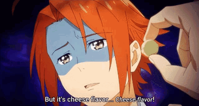 a cartoon character with red hair says but it 's cheese flavor