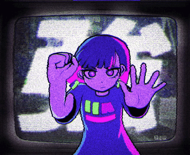 a girl in a purple shirt is standing in front of a tv screen with the letter l visible