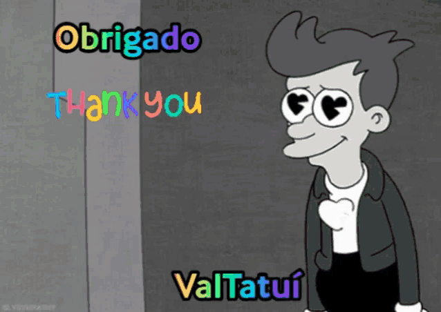 a black and white cartoon character says obrigado thank you valtatui