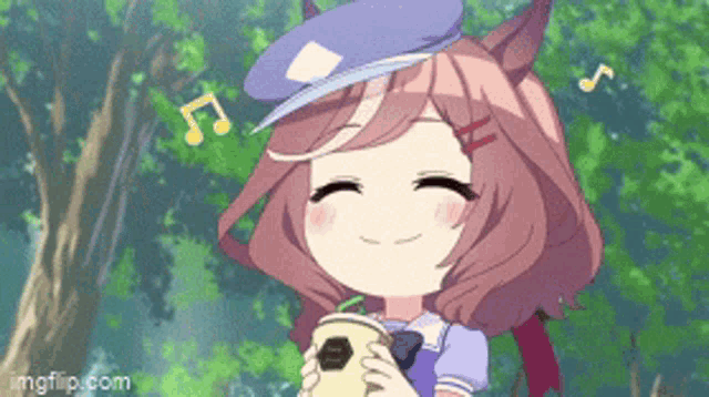 a little girl with a hat is holding a cup of coffee and smiling .
