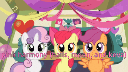 three little ponies are standing next to each other with the words pink harmony on the bottom