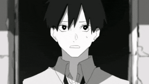 a black and white drawing of a boy making a surprised face .