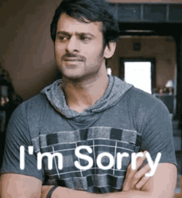a man is wearing a t-shirt that says i 'm sorry .