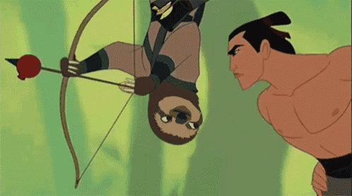 a cartoon sloth is holding a bow and arrow next to a man without a shirt .