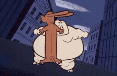 a cartoon character is holding another character 's leg in a city