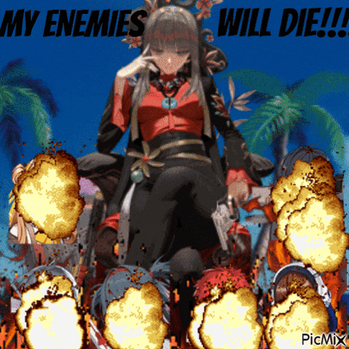 a picture of a girl with a gun and the words " my enemies will die " behind her