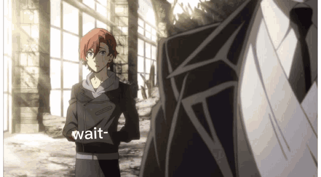 a man in a suit and tie stands next to a boy with red hair and the words wait written below him