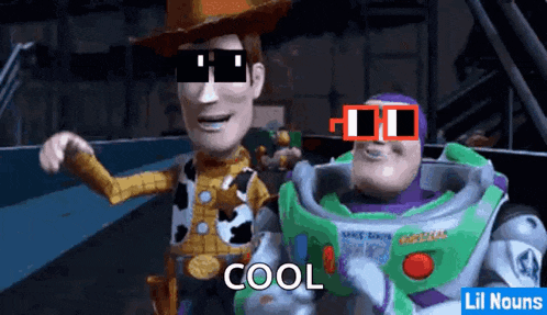 woody and buzz lightyear from toy story are standing next to each other .