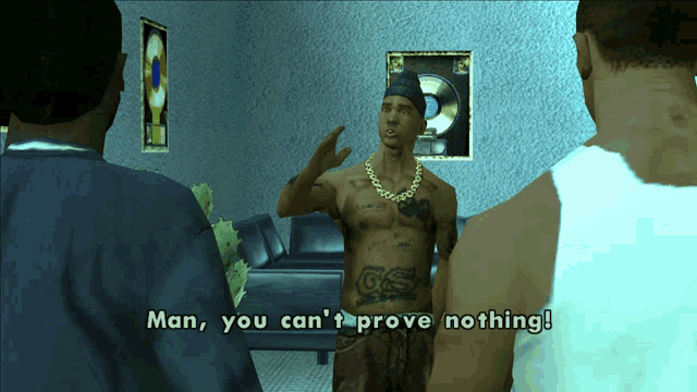a man with a gs tattoo on his chest talks to two other men in a video game
