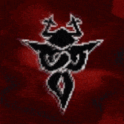 a black and white image of a demon with horns and wings on a red background