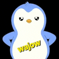 a blue and white penguin with the word wajow written on its chest .