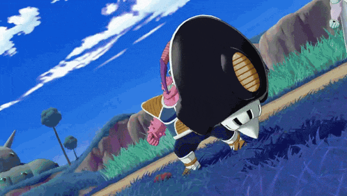 a cartoon character is walking down a grassy hill