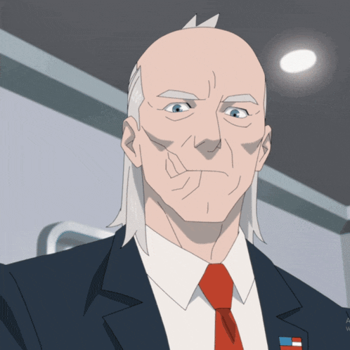 a bald man in a suit and tie with a badge that says ' united states of america ' on it