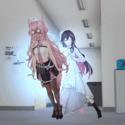 two anime girls are standing next to each other in a hallway with chinese writing on the wall behind them
