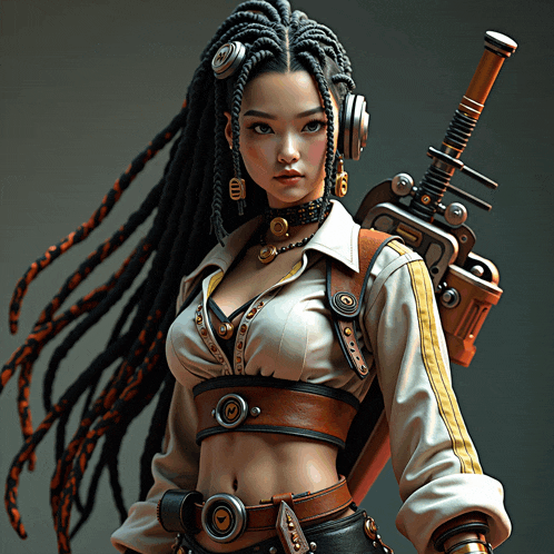 a girl with dreadlocks is holding a sword