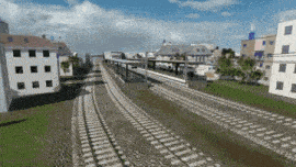 a computer generated image of a train track in a residential area