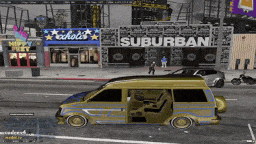 a van is parked in front of a building that says ' suburban ' on it
