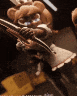 a close up of a cartoon character holding a sword in a dark room .