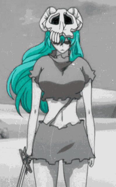 a drawing of a girl with a skull mask on her head